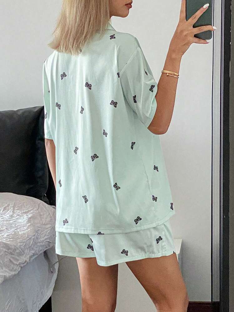 Satin Butterfly Allover Print Short Sleeve & Shorts Women Pajama Set