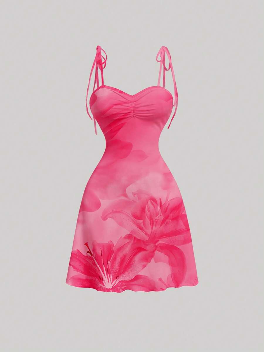 SHEIN MOD 女士休闲优雅系带肩部褶饰前腰 A 字形紧身迷你连衣裙，适合夏季，夏威夷花卉图案，粉色芙蓉印花 - 彩色 - 查看 1