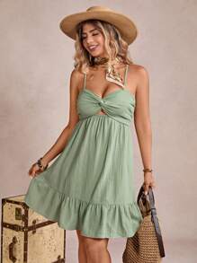 SHEIN VCAY Vestido de tirantes finos con retorcido de unicolor para mujer de talla grande para vacaciones - Verde - Ver 3
