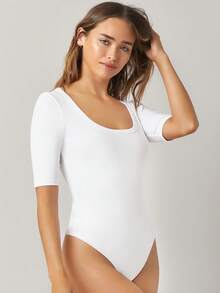 SHEIN BASICS Casual Scoop Neck Fitted Solid Bodysuit Summer Outfit For Women - White - View 4