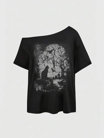 Goth T-shirt ample et ample à manches courtes avec imprimé corbeau gothique asymétrique, grande taille grande, été