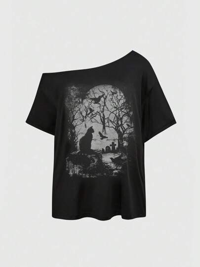 Goth Camiseta de manga corta con hombro asimétrico, estampado de cuervos negros y corte holgado, talla grande, para verano