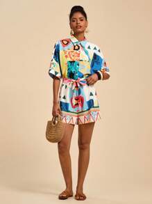 Travachic 女士几何印花短袖连体裤 - 藍色 - 查看 3