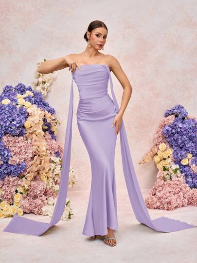 SHEIN Belle 优雅浪漫雪纺哑光丝带装饰甜心修身美人鱼伴娘礼服