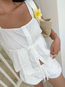 SHEIN EZwear 白色梭织女式吊带背心和短裤套装 - 白色 - 查看 3