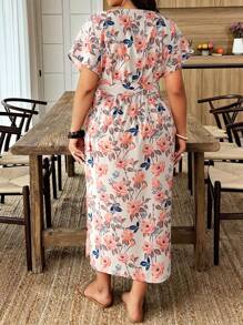 SHEIN LUNE Random Print Wrap Tie Surplice Short Sleeve Plus Size Dress - Multicolor - View 2