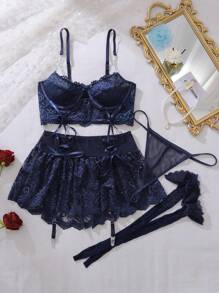 Conjunto de 5 piezas de lencería romántica y sexy para mujeres para salir - Azul Marino - Ver 6