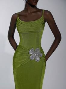 Elitara 优雅绿色细肩带褶饰腰部花卉 3D 装饰美人鱼尾礼服，适合约会、度假、派对、婚礼、毕业典礼、鸡尾酒会、礼服、晚会、婚礼宾客 - 綠色 - 查看 2