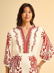 CAJUNI Women's Boho Tropical Holiday Plant Coconut Tree Red Print, Detachable Collar 3/4 Puffy Sleeve Mini Dress - Multicolor - View 5