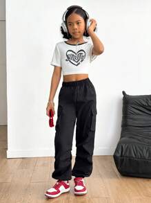 SHEIN Explorewe 青少女愛心字母印花T恤和純色貨物褲2件套裝