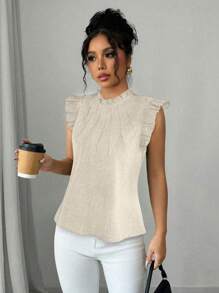 SHEIN Unity قميص شبابي من الكتان الأزرق به طوق معقود وأكمام مكشكشة - لون مشمشي - مشاهدة 4