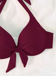 Swim Chiccia 2026 春夏聚拢特殊面料蝴蝶结吊带酒红色凸显胸部优雅女士比基尼上衣 - 酒紅色 - 查看 5