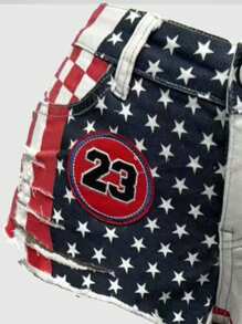 ROMWE Avant Plus Size American Flag Patchwork Distressed Low Waist Denim Shorts - White - View 5