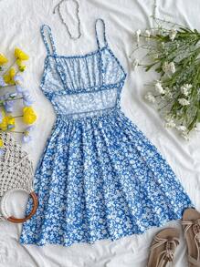 SHEIN 少女蓝白碎花露背细肩带夏装，适合情人节、度假、节日、海滩，