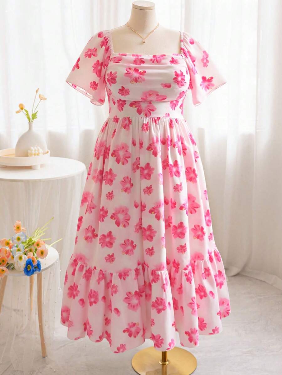SHEIN VCAY Plus Size Women's Retro Pink & White Floral Print Ruffle Sleeve Elastic Waist Dress, Casual Beach Summer Dress, Mother's Day Gift, Easter Clothes, Vacation Outfits Women, Concert Outfit Women, Graduation Dresses For Women - Pink - View 1