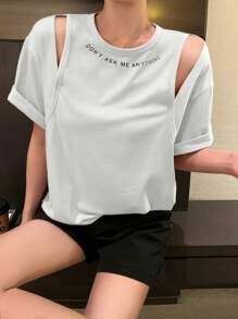 DAZY maglietta estiva casual e ampia da donna, con stampa di slogan e design traforato