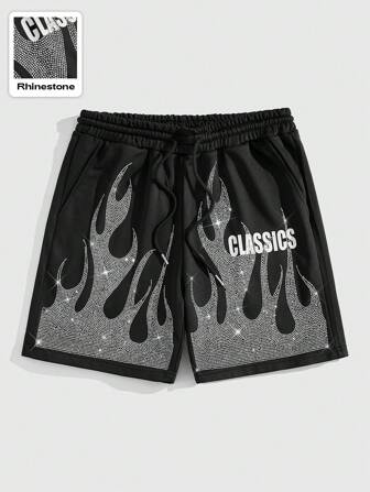 Street Life Men's Fashion Glitter Flame Rhinestone Print Shorts, Summer