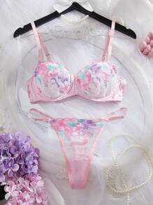 SHEIN 1 Set (2 Stücke) Romantische rosa bestickte Damen Wäsche Set