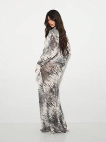 KIZN 优雅垂坠深 V 网眼长裙，斑马纹动物印花，长袖，特殊场合，个性礼服，正式高开叉及地晚礼服，秋冬系列