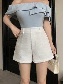 Modelyn Women's Summer Casual Solid Color Embroidered Jacquard Shorts - White - View 4