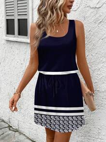 SHEIN LUNE Mother's Day Casual Minimalist Geometric Print Cami Dress, Suitable For Summer Vacation, Plus Size,Summer Dresses For Women - Multicolor - View 1