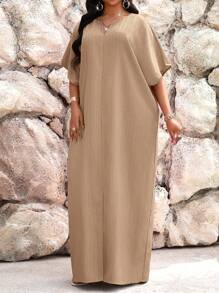 SHEIN Lady 秋冬工作绿色缺口蝙蝠袖长袍连衣裙加大码连衣裙度假装女士沙滩装女士海滩度假沙滩裙婚礼宾客礼服女士商务休闲女士舞会礼服 - 卡其色 - 查看 3