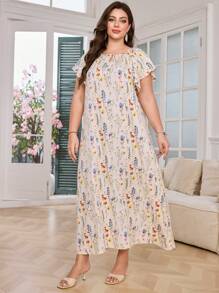 Lacomfia Plus Size Women's Ditsy Floral Crew Neck Loose Casual Maxi Dress - Apricot - View 4
