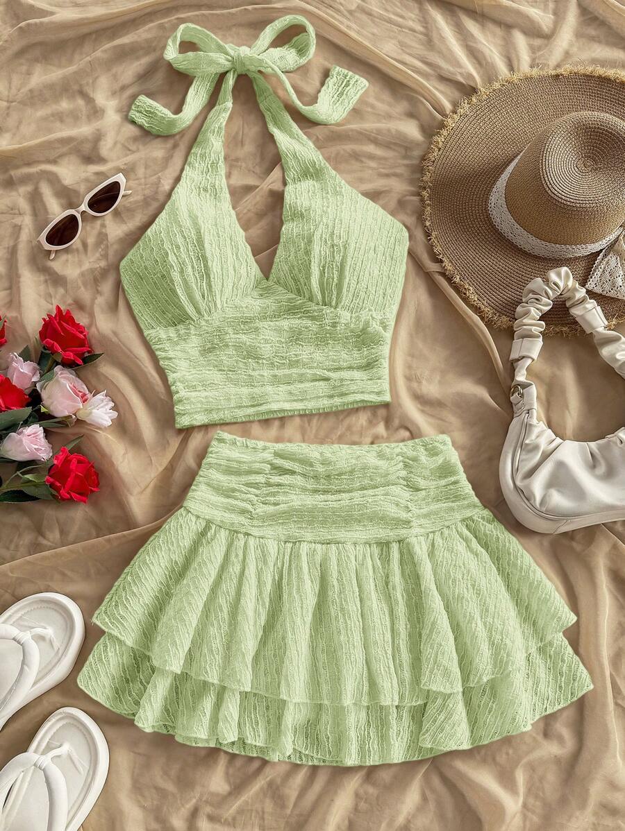 Soleia 女士度假吊带背心上衣，系带 V 领和迷你裙，双层荷叶边下摆，纹理面料，杏色套装 - 綠色 - 查看 1