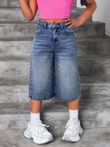 SHEIN 少女时尚休闲Y2K复古蓝色舒适宽松阔腿三英寸牛仔裤，适合少女日常穿着，柔软舒适，也适合少女春夏派对、节日和海滩穿着。