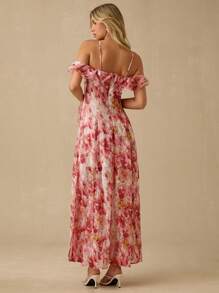 Enchnt Spring/Summer Romantic Women's  Vacation Style Allover Print Embellished Halter Ruffle Hem One Shoulder Maxi Dress,Sweet&Elegant&Sexy, For Holiday Dress&Vacation Dress&Sweet Date&Graduation Season Dress&Afternoon Tea&Garden Parties,Summer Outfits For Women,Elegant Dresses For Women,Bohemian Clothes