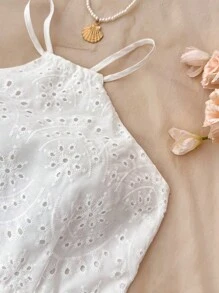 SHEIN Teen Girls Casual/Spring/Summer White Embroidery Halter Backless Dress For Teen Girls,White Graduation Dress,Summer Clothes,Sun Dress,Bohemia,Vacation Dress - White - View 4