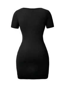 SHEIN ChillGRL Black Sweet & Spicy Style Fitted Short Sleeve Snug Fit Mini Dress With Ruched Collar, Casual Fashion Summer Dress For Teenage Girls - Black - View 4