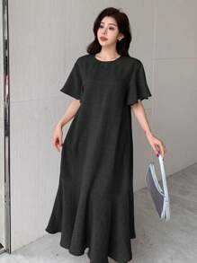 DAZY Plain Crew Neck Ruffle Hem Mid-Length Dress For Women - Black - View 3