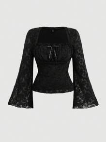 SHEIN MOD Plus Size Women Black Black Ruffle Collar Flare Long Sleeve T-Shirt Top Fall - Black - View 1
