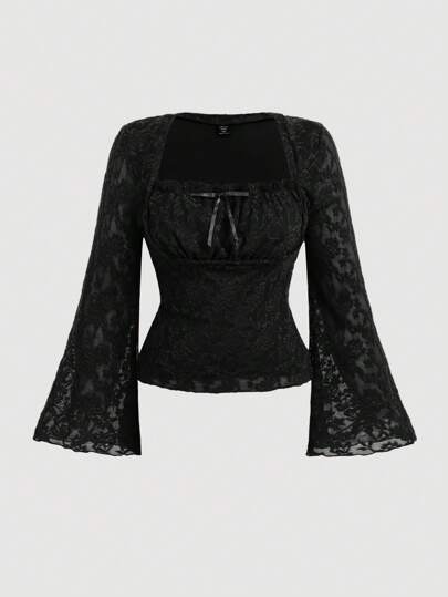 SHEIN MOD Plus Size Women Black Black Ruffle Collar Flare Long Sleeve T-Shirt Top Fall