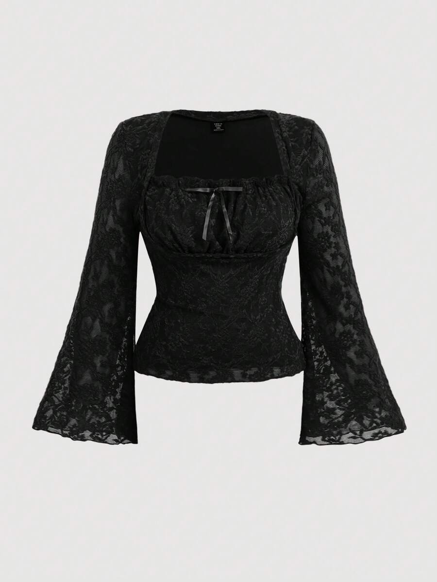 SHEIN MOD Plus Size Women Black Black Ruffle Collar Flare Long Sleeve T-Shirt Top Fall - Black - View 1