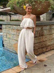 Livesso 2pcs/Set Women Beach Vacation Ruffled Strap Loose Leg Pants Suit - Apricot - View 4