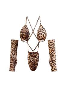 3pcs Leopard & Wildcat Costume Set , Bodysuit And Gloves And Headpiece, Sexy Animal Print Lingerie, Rave - Coffee Brown - View 6