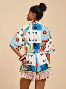 Travachic 女士几何印花短袖连体裤 - 藍色 - 查看 2