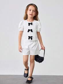 2 Stücke Set mit Kleine Mädchen Top mit rundem Ausschnitt und aufgeblähten Ärmeln und lässiger weiter Hose - Weiss - Übersicht 3