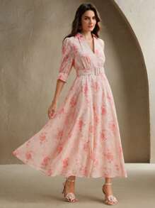 Anewsta 浪漫提花提花3/4袖V领中长连衣裙配腰带，度假风格，适合情人节 - 粉色 - 查看 1