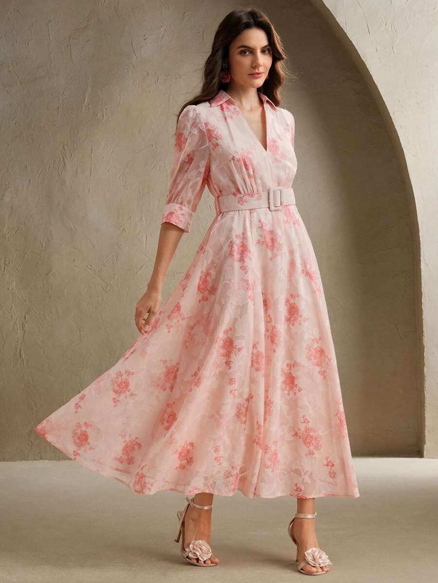Anewsta 浪漫提花提花3/4袖V领中长连衣裙配腰带，度假风格，适合情人节 - 粉色 - 查看 1