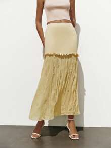 Lumivelle Váy chữ A dệt kim màu trơn tối giản thời trang dành cho nữ & vải voan nhún viền - Màu vàng - Xem 3