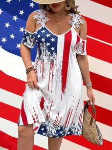 SHEIN LUNE Plus Size Star & Stripe American Flag Pattern Lace Trim Short Sleeve Dress, Spring/Summer - White - View 4