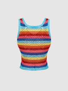 SHEIN Unity 女款彩虹条纹镂空毛衣背心，夏季时尚单品 - 彩色 - 查看 2