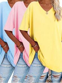 EMERY ROSE Plus Size Solid Half Sleeve T-Shirt, Casual V Neck T-Shirt For Summer, Women's Plus Size Clothing Graphic Tees Women Tops - Multicolor - View 1