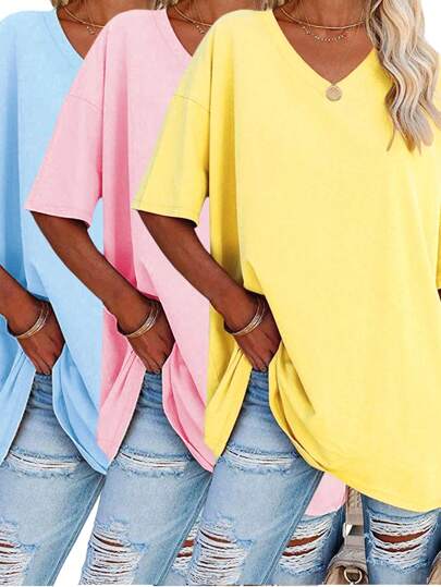 EMERY ROSE Plus Size Solid Half Sleeve T-Shirt, Casual V Neck T-Shirt For Summer, Women's Plus Size Clothing Graphic Tees Women Tops