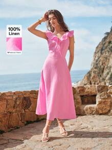 MOTF PREMIUM WOMEN'S 100% LINEN RUFFLE TRIM MIDI DRESS, SUMMER VACATION