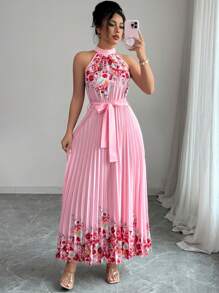 Elenzga Women's Summer Elegant Floral Loose-Fitting Halter Dress - Pink - View 3