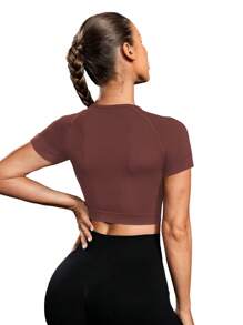 Easithlete 抽绳褶皱镂空后背运动背心健身背心健身房女式衬衫 - 咖啡棕 - 查看 2